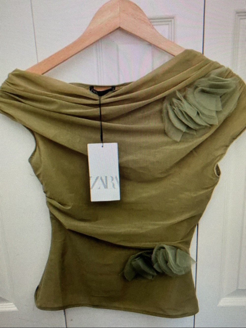 Zara Olive One-Shoulder Drape Top with Floral Appliqués